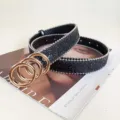 Women fashion black glitter belt with triple gold rings and beaded edge daily wear chic accessory - Style C Gold Buckle / 105cm / Black