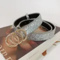 Silver glitter women belt with gold rhinestone triple circle buckle stylish jeans accessory - Style D Gold Buckle / 105cm / Silver
