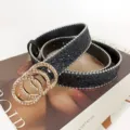 Women fashion black glitter belt with gold rhinestone triple ring buckle for jeans and dresses - Style D Gold Buckle / 105cm / Black