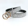 Silver glitter belt for women with gold double ring buckle sparkle waist strap fashion accessory - Style A Gold Buckle / 105cm / Silver