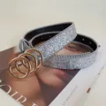 Silver Glitter Belt with Triple Gold Rings, Trendy Women's Fashion Jeans Waist Belt - Style C Gold Buckle / 105cm / Silver