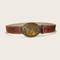 Ceinture en cuir marron style occidental avec grande boucle ovale en laiton et motif gravé. - Style 2 : boucle dorée 3,8 cm + ceinture marron foncé / 105cm