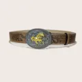 Ceinture en cuir marron style cowboy western avec boucle ovale dorée et motif cheval. - Style 3 : boucle argentée 3,8 cm + ceinture kaki