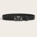 Punk style black leather belt with cool metal skull buckle and rivet details for daily wear. - Style C Three Skull Head Buckle Gun Nail Belt (Three Leather Loops)
