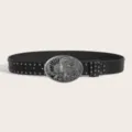 Ceinture en cuir noir style punk avec rivets métalliques et boucle ovale rétro pour femmes. - Modèle E: Boucle Argentée avec Ceinture Clous Gun