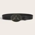 Ceinture femme noire style punk en cuir avec boucle papillon crâne et rivets en métal. - Modèle F: Boucle Argentée avec Ceinture Clous Gun