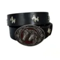 Retro punk stijl lederen riem met metalen wild paard gesp en klinknagels voor jeans en rokken. - Stijl B (3.8cm Zilveren Gesp met Paardenhoofd Klinknagels) / Zwart