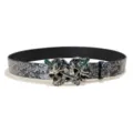 Punk style skull buckle belt with embossed floral pattern and rhinestones for women. - Model A (Silver Buckle Embossed) / 105cm