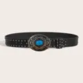 Vintage black leather belt with turquoise stone, ornate metal buckle and metal studs. - Style A: 3.8cm Distressed Buckle + Gunmetal Stud Belt (Three Leather Loops) / Size S - 105cm