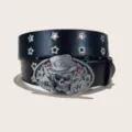 Punk style black leather belt with star eyelets and cool skull poker buckle for women. - 105cm / Style A Playing Cards (Star Hole)