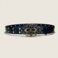 Retro floral metal buckle double eyelet leather belt for women and men fashion dress jeans. - Style D: 3.8cm Gold Vine Buckle & Black Belt [Round Holes]