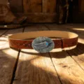 Western cowboy turquoise buckle bull head printed leather belt women retro bohemian style - 105cm / Style A Feather Buckle / Dark Brown