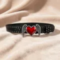 Punk style leather belt featuring a striking red heart and silver angel wings buckle with metal studs. - Size S - 105cm / Style A: 3.8cm Red Heart & Gunmetal Studded Belt (3 Leather Loops)