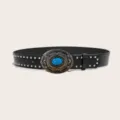 Vintage turquoise rivet leather belt for men and women western style jeans black belt - Style A: 3.8cm Distressed Buckle + Silver Stud Belt / Size S - 105cm