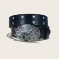 Black leather double grommet punk belt featuring vintage skull poker buckle for women - 105cm / Style A Playing Cards (Round Hole)