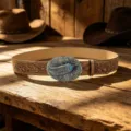 Western style cowboy turquoise buckle embossed leather belt vintage brown color variant - 105cm / Style A Feather Buckle / Khaki