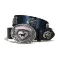 Western cowboy style PU leather belt with skull rivets and oval mustang buckle for women. - S / Model A-02 Silver Buckle Skull / Black