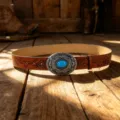Western bohemian vintage leather belt with turquoise stone bull head buckle for women. - 105cm / Style B Distressed Buckle / Dark Brown
