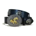 Western cowboy style black PU leather belt with gold horse oval buckle and skull rivet studs - S / Model C-02 Silver Buckle Skull / Black