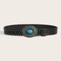 Black leather belt featuring retro turquoise style oval buckle and cool metal rivet decorations. - Style B: 3.8cm Turquoise + Studded Belt [Three Leather Loops] / Size S - 105cm