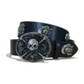 Men's punk style black leather belt featuring a detailed metal snake skull buckle and rivet studs. - A-02 Style (Skull) / Size S - 105cm