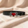 Black leather punk belt with red heart angel wings buckle and silver studs variant style. - Size S - 105cm / Style A: 3.8cm Red Heart & Silver Studded Belt