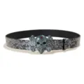 Punk style women leather belt with silver skull buckle and floral embossed strap detail. - Model C (Silver Buckle Embossed) / 105cm