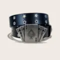 American retro poker playing card buckle double grommet black leather waist belt for women - 105cm / Style B Playing Cards (Star Hole)