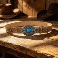 Western boho turquoise stone buckle leather belt with vintage floral engraved details for women. - 105cm / Style B Distressed Buckle / Khaki