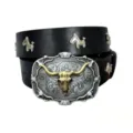 Zwarte lederen riem in retro punkstijl met metalen stierenkopsesp en paardenklinknagels. - Stijl E (3.8cm Zilveren Gesp met Paardenhoofd Klinknagels) / Zwart