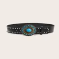 Vintage black leather belt featuring metal studs and an ornate turquoise stone buckle. - Style B: 3.8cm Turquoise + Silver Studded Belt / Size S - 105cm