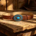 Retro Western cowboy leather belt with turquoise stone buckle and embossed bull head design. - 105cm / Style C Distressed Buckle / Dark Brown