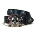Punk style black leather belt featuring a striking silver skull buckle and rivet details. - B-01 Style (Cross Stud) / Size S - 105cm
