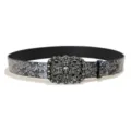 Punk style black embossed leather belt with detailed silver skull cross buckle variant - Model D (Silver Buckle Embossed) / 105cm