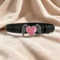 Punk style black leather belt with metal studs and pink heart angel wings buckle for women. - Size S - 105cm / Style A: 3.8cm Pink Heart and Gunmetal Stud Belt (Three Leather Loops)