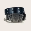 Black leather double grommet belt featuring a unique retro playing cards metal buckle design. - 105cm / Style B Playing Cards (Round Hole)