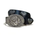 Retro western style women's black leather belt with vintage silver rose buckle and heart rivets. - Size S - 105cm / Style B-02: 3.8cm Gold Buckle + Black Belt (Heart Studs)