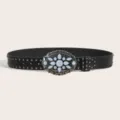 Turquoise rivet leather belt for women men, vintage western cowboy style black waist belt - Style C: 3.8cm White Turquoise and Gunmetal Stud Belt with Three Loops