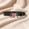 Black leather punk belt with pink heart and angel wings buckle, stylish accessory. - Size S - 105cm / Style A: 3.8cm Pink Heart and Silver Stud Belt