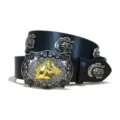 Western cowboy style black PU leather belt with gold horse buckle and skull rivets. - S / Model E-02 Silver Buckle Skull / Black