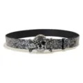 Punk gothic skull buckle leather belt, black floral embossed waist belt for women and men. - Style D: 3.8cm Rhinestone Buckle + Silver Embossed Belt