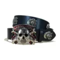 Punk skull buckle leather belt black variant with metal studs and gothic style design. - B-02 Style (Skull) / Size S - 105cm