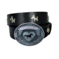 Zwarte lederen riem met grote ovale paardengesp en stoere metalen klinknagels variant. - Stijl G (3.8cm Zilveren Gesp met Paardenhoofd Klinknagels) / Zwart