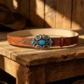 Western cowboy leather belt with turquoise stones, vintage bull head embossed design. - 105cm / Style D Gold Buckle / Dark Brown