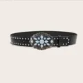 Retro black leather belt with large ornate stone buckle and metal studs for fashion denim jeans style - Style C: 3.8cm White Turquoise and Silver Stud Belt