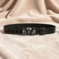 Black punk leather belt with metal studs and skull buckle for men and women, cool style. - Style B: 3.8cm Three Skulls and Gunmetal Stud Belt (Three Leather Loops)