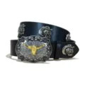 Western cowboy style black PU leather belt with silver bull head buckle and skull rivets. - S / Model F-02 Silver Buckle Skull / Black