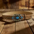 Western cowboy style leather belt with turquoise metal buckle and bull head print variant. - 105cm / Style D Gold Buckle / Khaki
