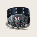 Punk style black leather belt with metal skull poker buckle, double grommet design for women. - 105cm / Style C Magic Hat (Round Hole)