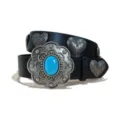 Retro western Y2K black leather belt with large turquoise floral buckle and silver heart rivets. - Size S - 105cm / Style D-02: 3.8cm Silver Buckle and Black Belt with Heart Studs